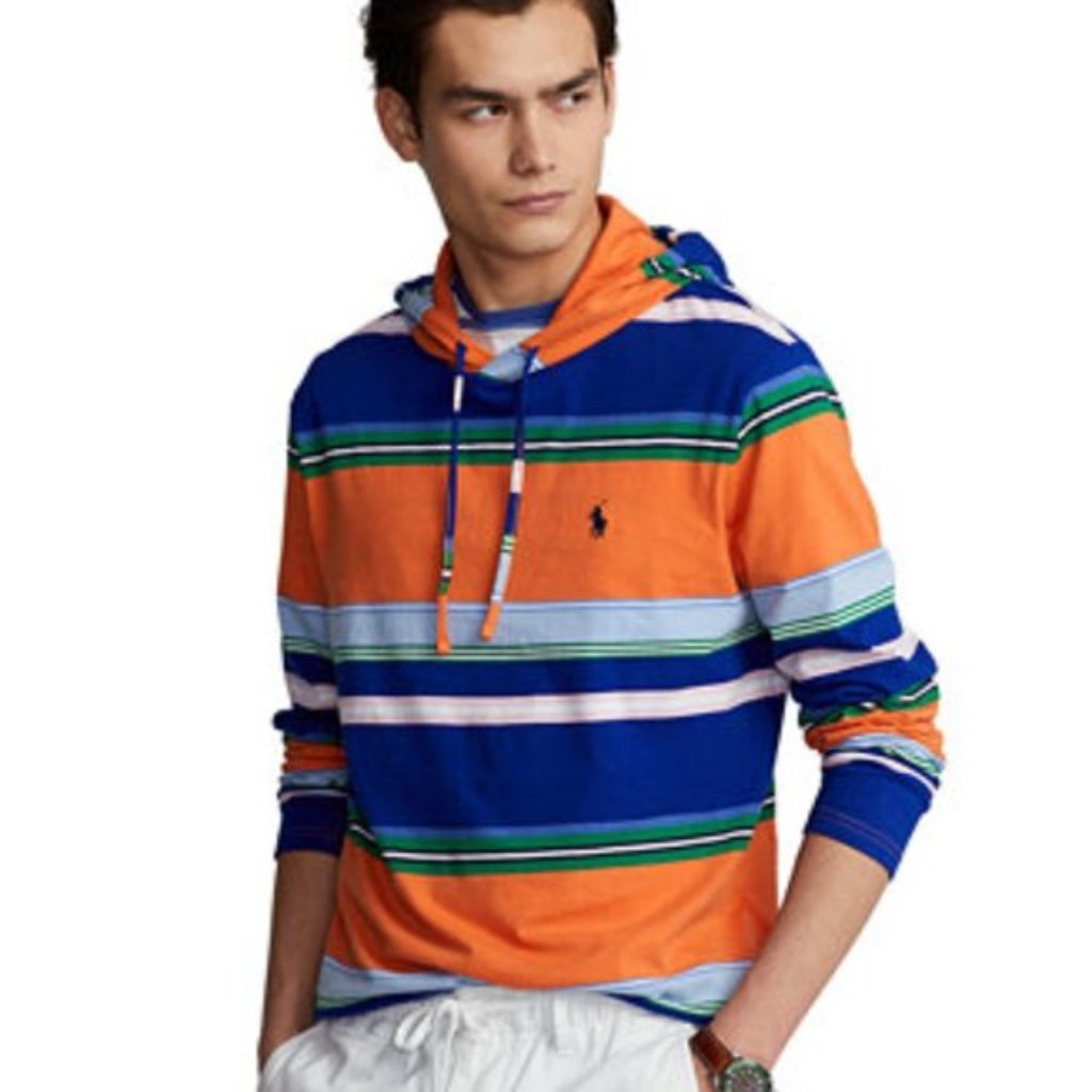Polo Ralph Lauren Cotton Jersey Hooded Retro Stripe Pullover Long Sleeve T-Shirt